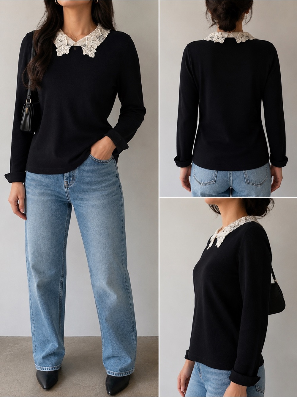 Karl Lagerfeld Paris Lace Collar Knit Top Black White Size Large